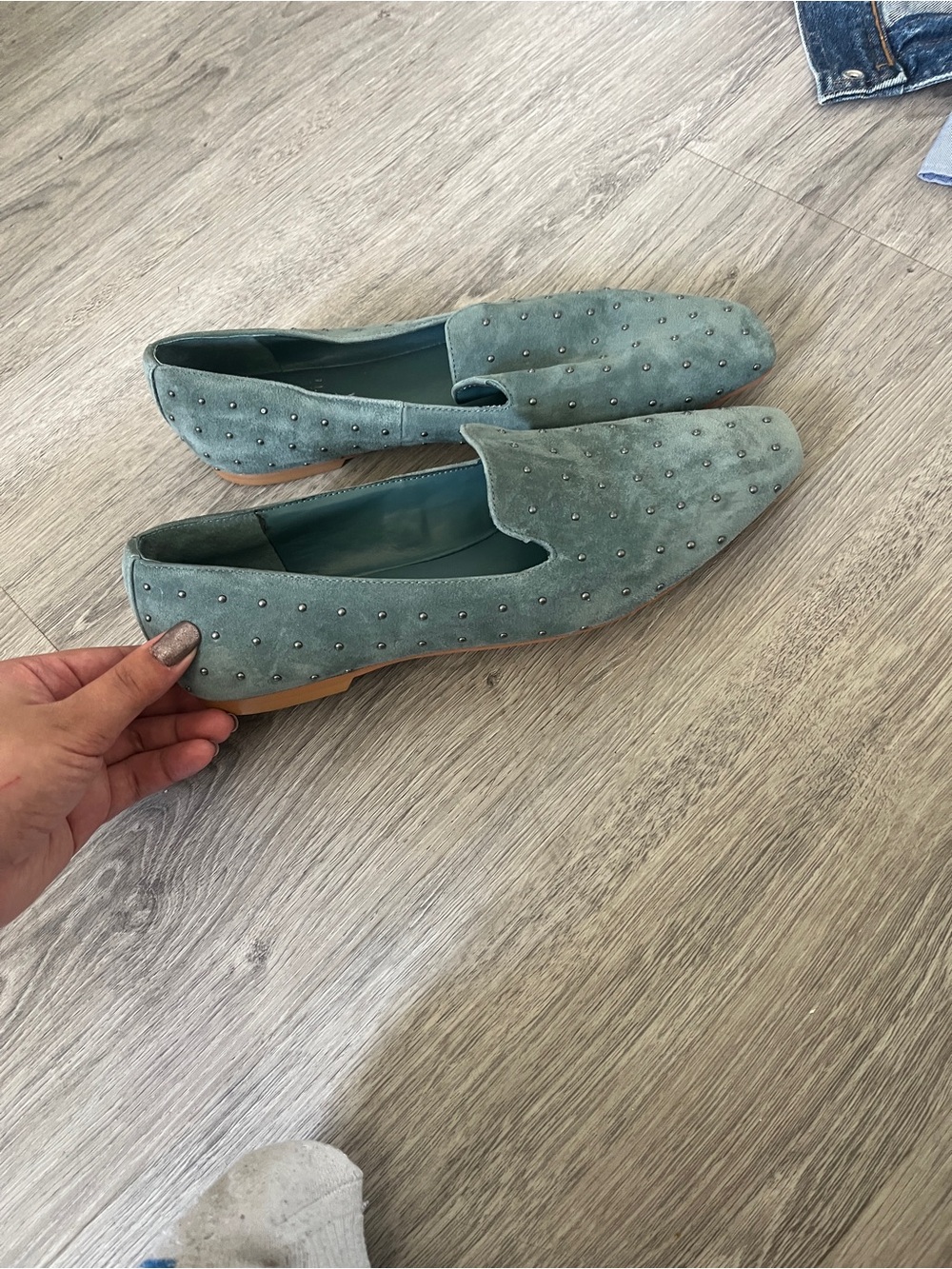 Vince Camuto Sage Green Studded Suede Slip-Ons